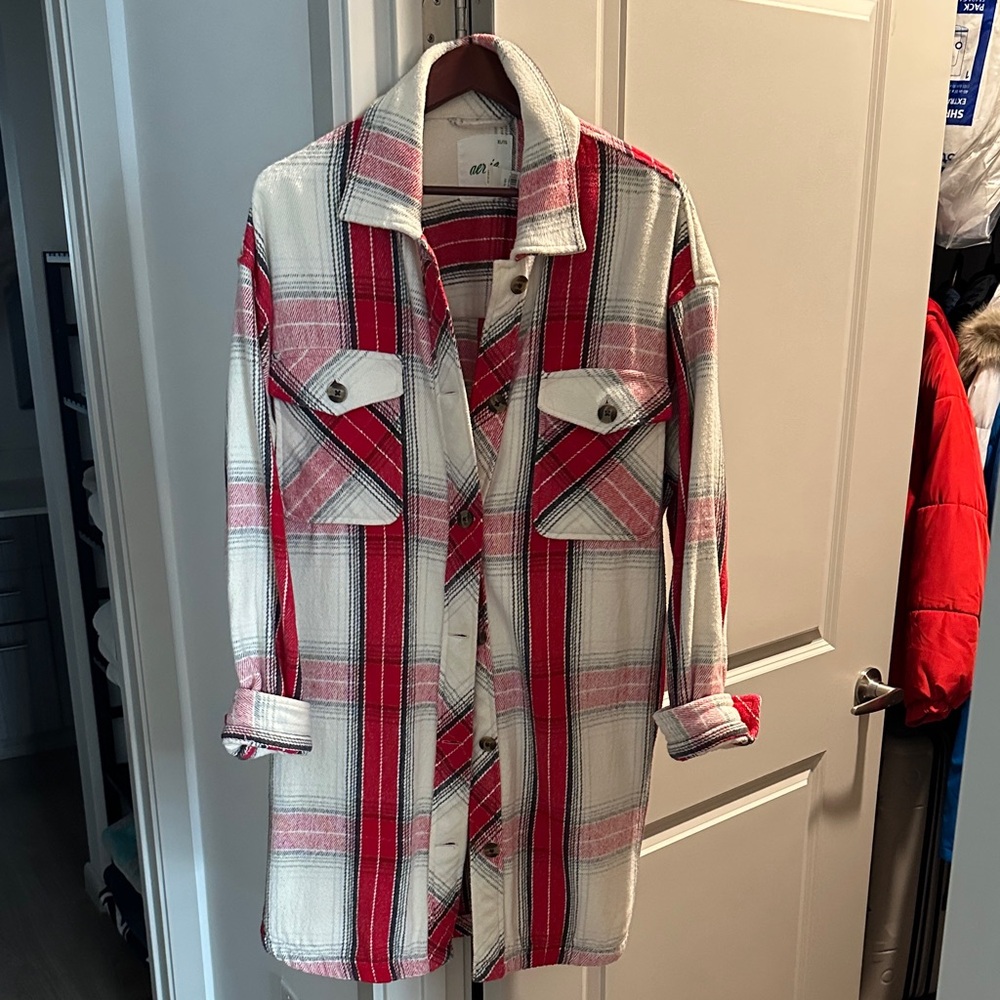 aerie Red and White Plaid Long Shacket Jacket
